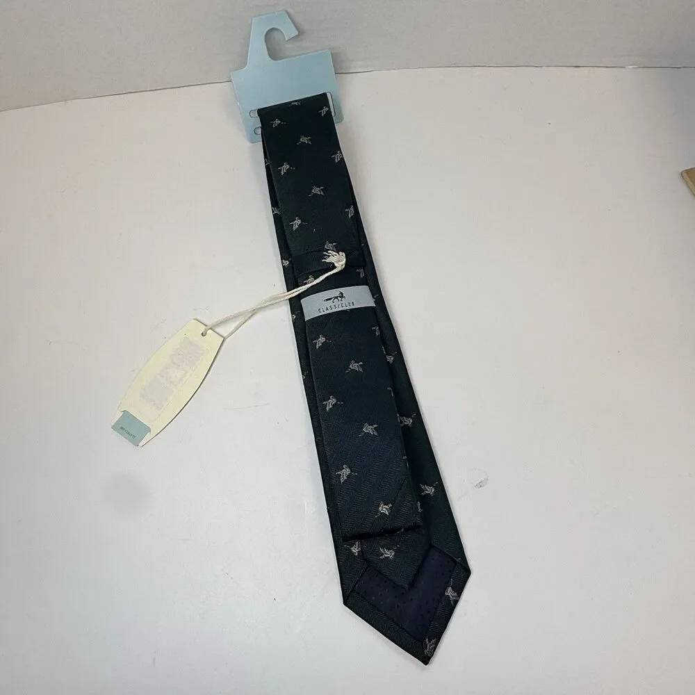 Class Club Boys Deep Green W/Flying Ducks Print 100% Silk Regular Neck Tie New